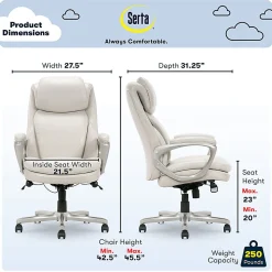 Serta® Smart Layers™ Arlington AIR™ Ergonomic Bonded Leather High-Back Executive Office Chair, Cream/Silver