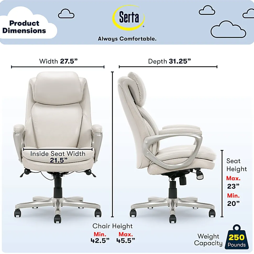 Serta® Smart Layers™ Arlington AIR™ Ergonomic Bonded Leather High-Back Executive Office Chair, Cream/Silver