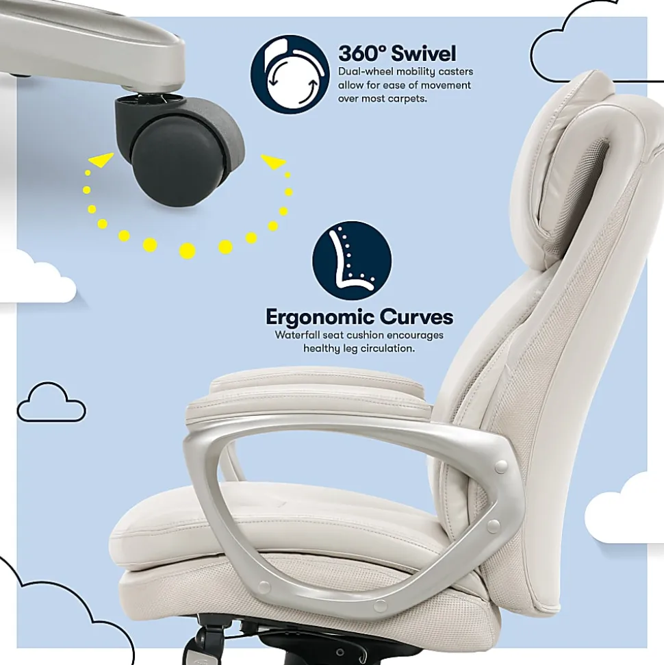 Serta® Smart Layers™ Arlington AIR™ Ergonomic Bonded Leather High-Back Executive Office Chair, Cream/Silver