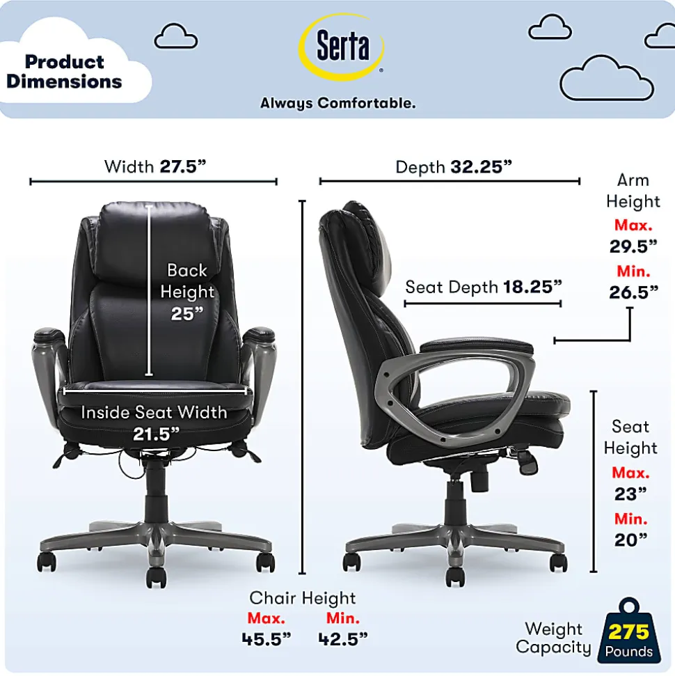 Serta® Smart Layers™ Arlington AIR™ Bonded Leather High-Back Executive Office Chair, Black/Silver, BIFMA Compliant