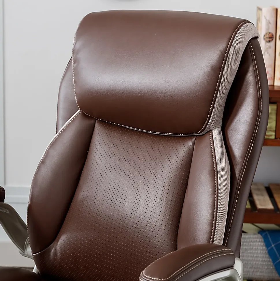 Serta® Smart Layers™ Brinkley Ergonomic Bonded Leather High-Back Executive Office Chair, Brown/Silver