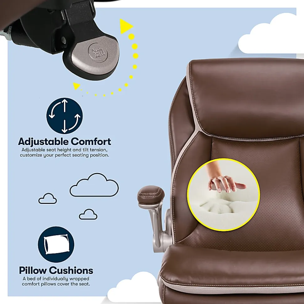 Serta® Smart Layers™ Brinkley Ergonomic Bonded Leather High-Back Executive Office Chair, Brown/Silver