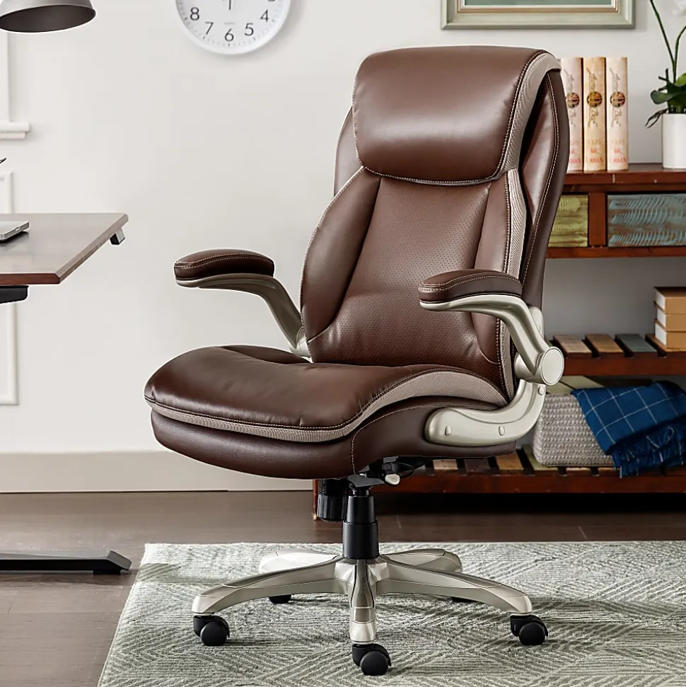 Serta® Smart Layers™ Brinkley Ergonomic Bonded Leather High-Back Executive Office Chair, Brown/Silver