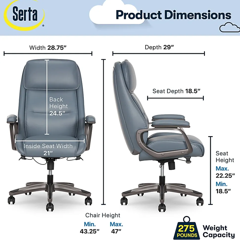 Serta® SmartLayers™ Mosby Ergonomic Vegan Leather High-Back Executive Office Chair, Blue/Dark Gray, BIFMA Compliant