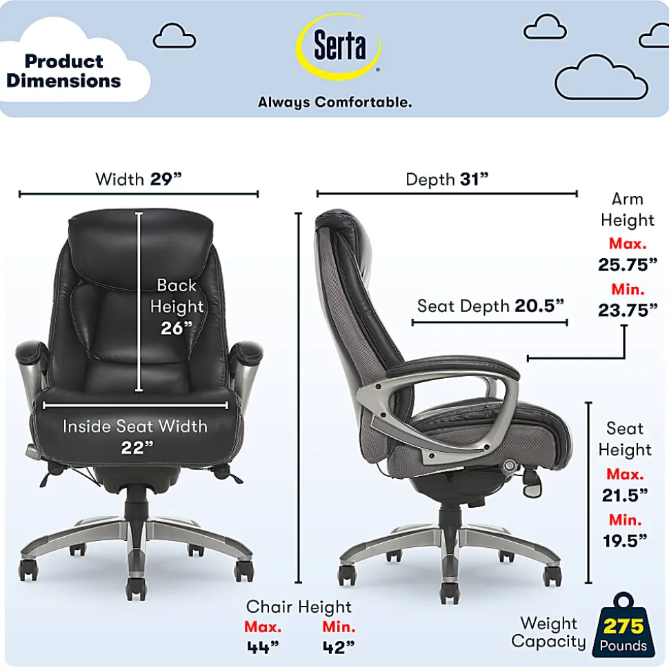 Serta® Works Bonded Leather/Mesh High-Back Office Chair With Smart Layers Technology, Opportunity Gray/Black/Silver