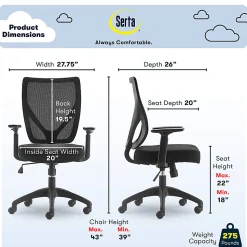 Serta Works - Chair - task - ergonomic - mid-back - armrests - T-shaped - tilt - swivel - polyester blend fabric, mesh - black