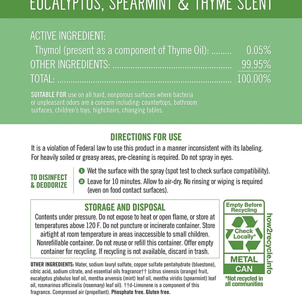 Seventh Generation Disinfectant Spray - For Day Care - 13.9 fl oz (0.4 quart) - Eucalyptus Spearmint & Thyme Scent - 22981CT
