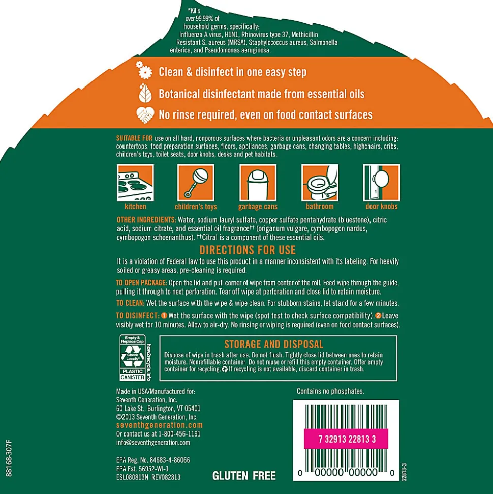 Seventh Generation™ Disinfecting Wipes, Lemongrass Scent, 70 Wipes Per Canister, Pack Of 6 Canisters