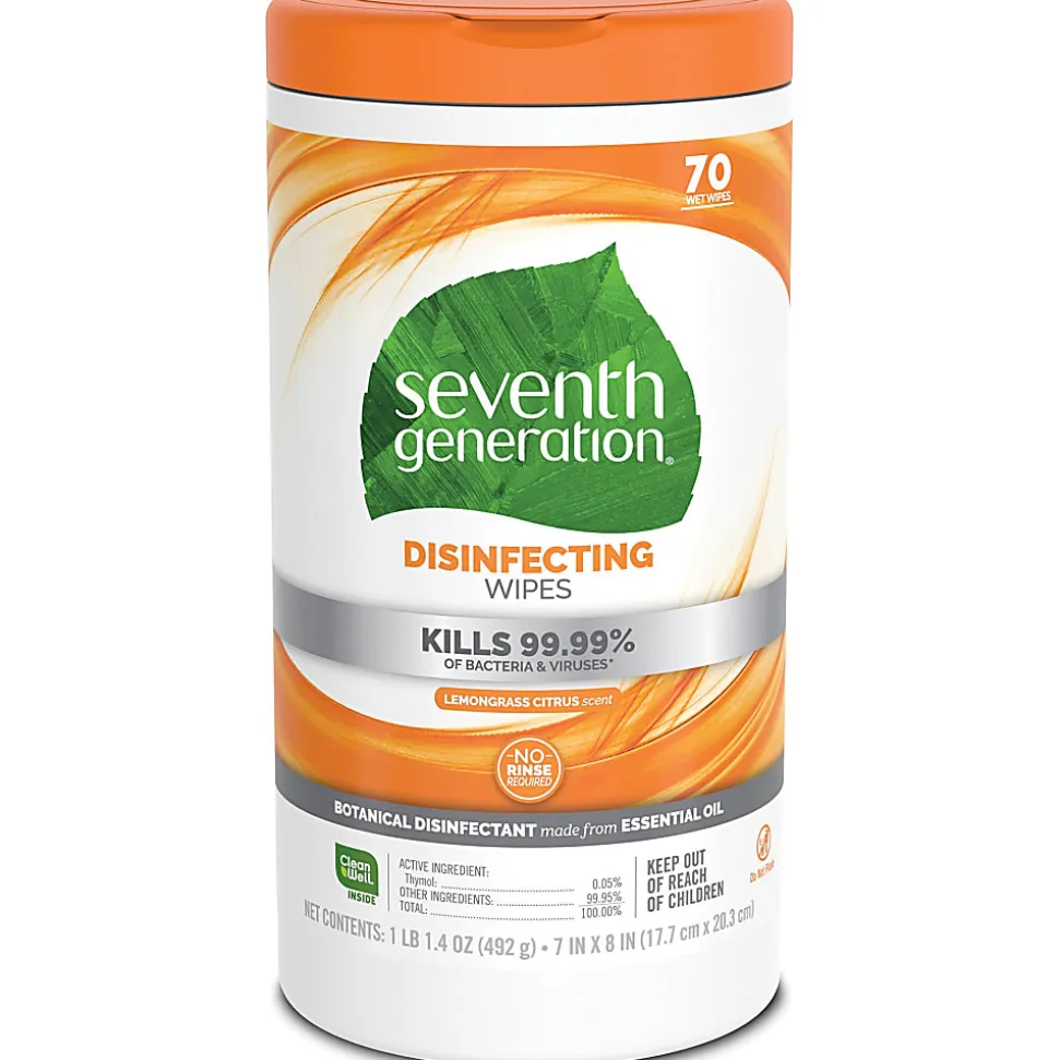 Seventh Generation® Disinfectant Wipes, Lemongrass Citrus, Container Of 70 Wipes