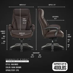 Shaquille O'Neal™ Maximos Big & Tall Ergonomic Vegan Leather High-Back Executive Office Chair, Dark Brown/Silver, BIFMA Compliant