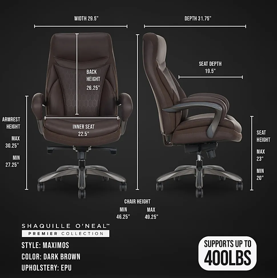 Shaquille O'Neal™ Maximos Big & Tall Ergonomic Vegan Leather High-Back Executive Office Chair, Dark Brown/Silver, BIFMA Compliant