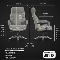 Shaquille O'Neal™ Maximos Big & Tall Ergonomic Vegan Leather High-Back Executive Office Chair, Gray/Silver, BIFMA Compliant