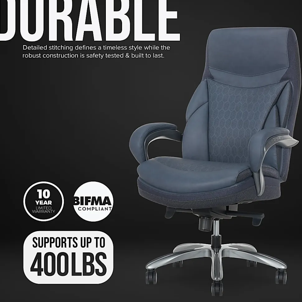 Shaquille O'Neal™ Maximos Big & Tall Ergonomic Vegan Leather High-Back Executive Office Chair, Blue/Silver, BIFMA Compliant