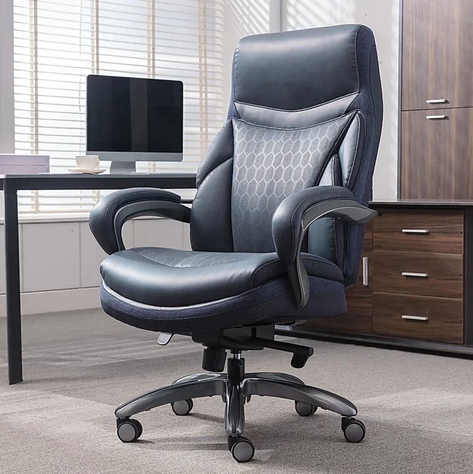 Shaquille O'Neal™ Maximos Big & Tall Ergonomic Vegan Leather High-Back Executive Office Chair, Blue/Silver, BIFMA Compliant