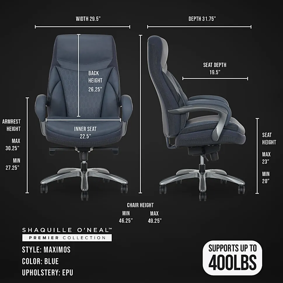 Shaquille O'Neal™ Maximos Big & Tall Ergonomic Vegan Leather High-Back Executive Office Chair, Blue/Silver, BIFMA Compliant