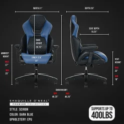 Shaquille O’Neal™ Sciron Big & Tall Ergonomic High-Back Vegan Leather Executive Gaming Office Chair, Black/Blue