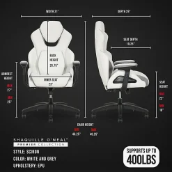 Shaquille O'Neal™ Sciron Big & Tall Ergonomic High-Back Vegan Leather Executive Gaming Office Chair, White/Gray, BIFMA Compliant