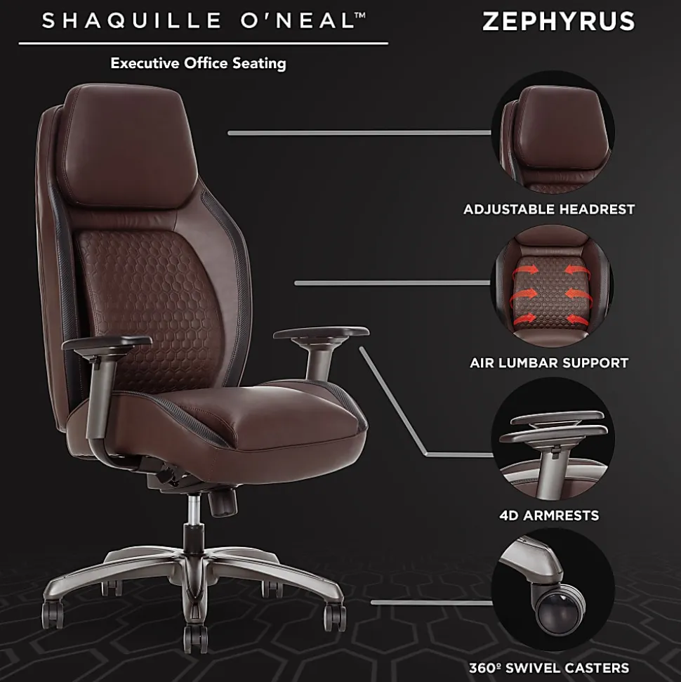 Shaquille O'Neal™ Zephyrus Ergonomic Bonded Leather High-Back Executive Office Chair, Walnut/Silver, BIFMA Compliant