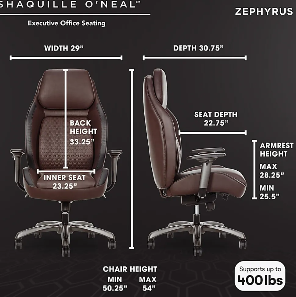 Shaquille O'Neal™ Zephyrus Ergonomic Bonded Leather High-Back Executive Office Chair, Walnut/Silver, BIFMA Compliant