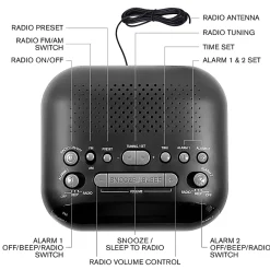 Sharp AM/FM Dual Alarm Clock Radio, 2-7/16”H x 4-5/16”W x 5-1/2”D, Black