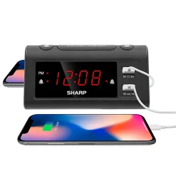 Sharp Dual Digital Alarm Clock with 2 USB Ports, 2-11/16”H x 3”W x 5-11/16”D, Black