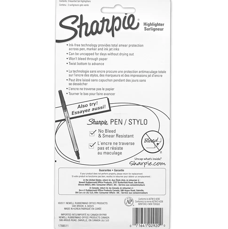 Sharpie® Accent® Gel Highlighters, Assorted Ink Colors, Pack Of 3