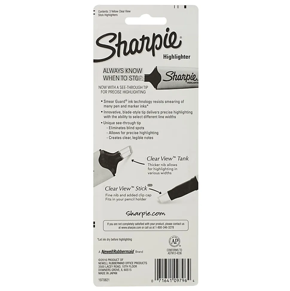 Sharpie® Clear View® Highlighter Stick, Chisel Point, Yellow, Pack Of 3