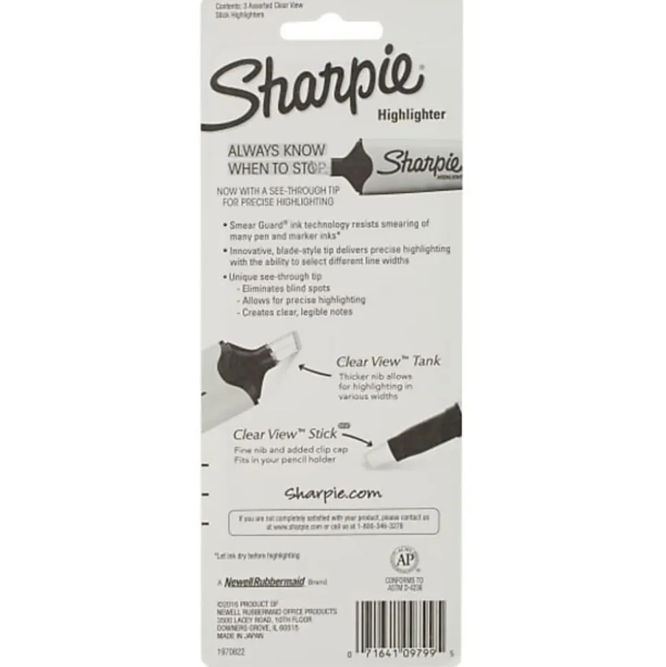 Sharpie® Clear View® Highlighter Stick, Chisel Point, Assorted Colors, Pack Of 3