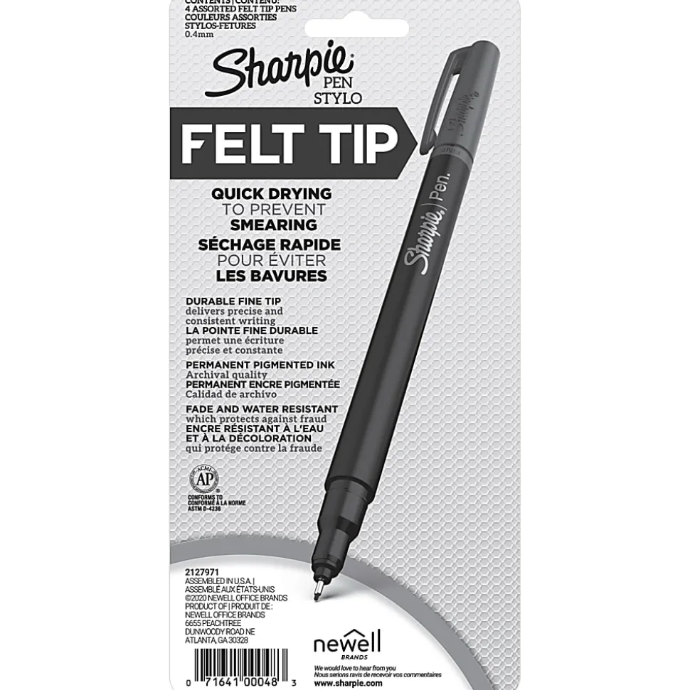 Sharpie® Fine-Point Pens, Fine Point, 0.4 mm, Black Barrels, Assorted Ink Colors, Pack Of 4