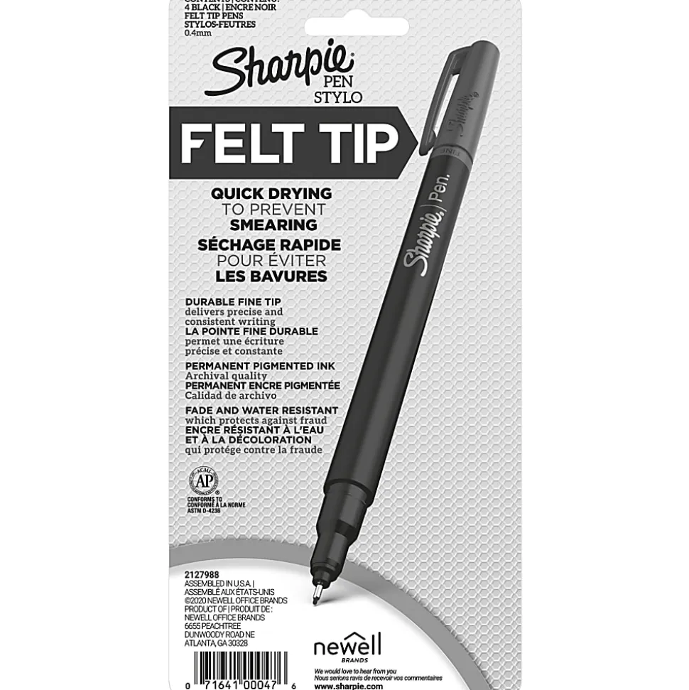Sharpie® Fine-Point Pens, Fine Point, 0.4 mm, Black Barrels, Black Ink, Pack Of 4