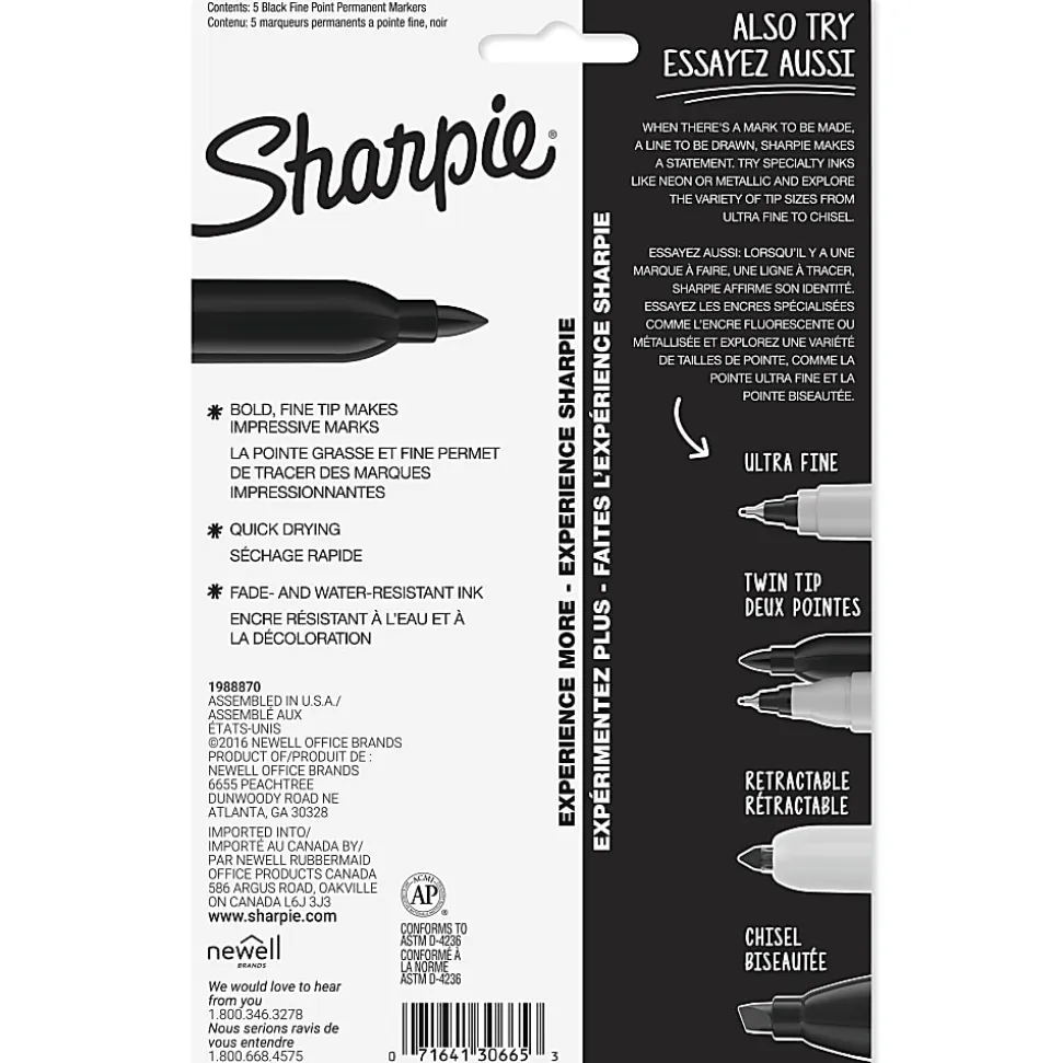 Sharpie® Fine Point Permanent Markers, Gray Barrel, Black Ink, Pack Of 5