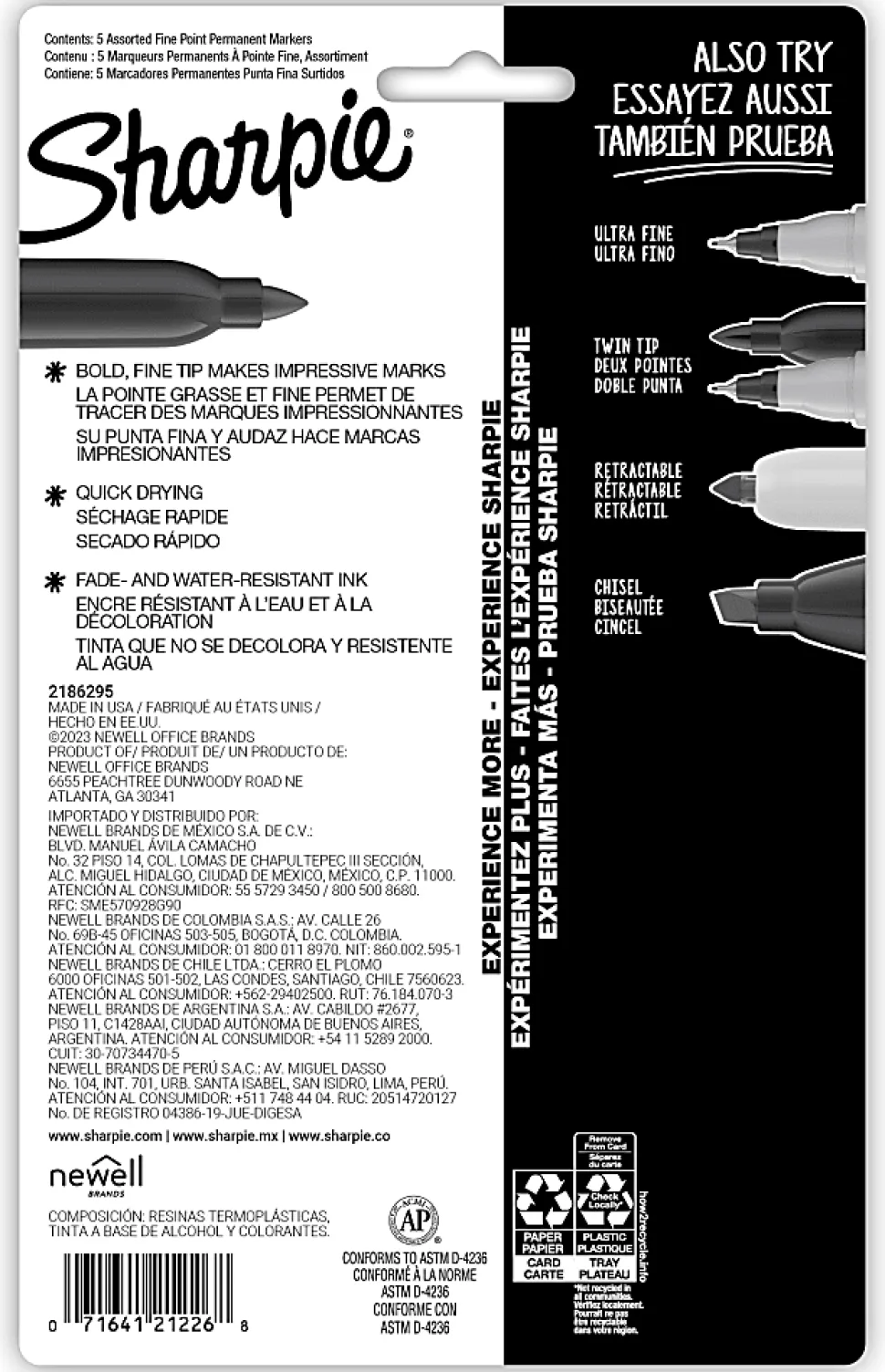 Sharpie® Glam Pop Permanent Markers, Fine Point, Gray Barrels, Assorted Ink Colors, Pack Of 5 Markers