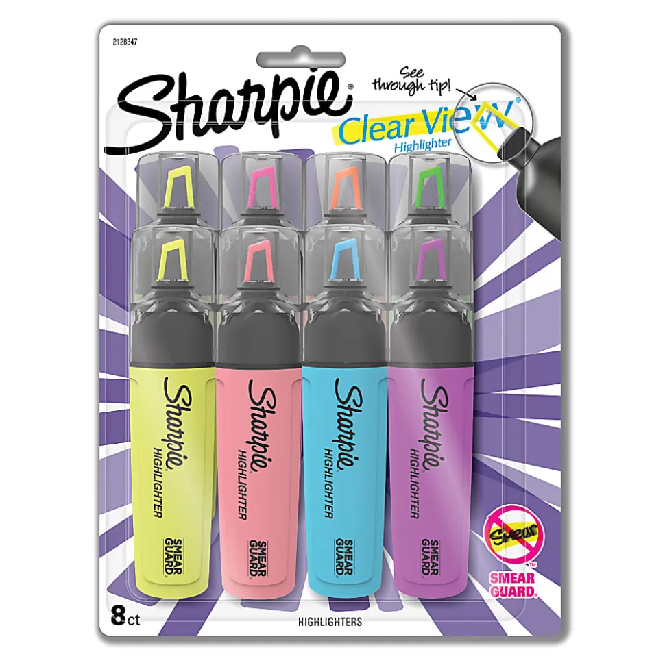 Sharpie Highlighter, Clear View Highlighter with See-Through Chisel Tip, Tank Highlighter, Assorted, 8 Count