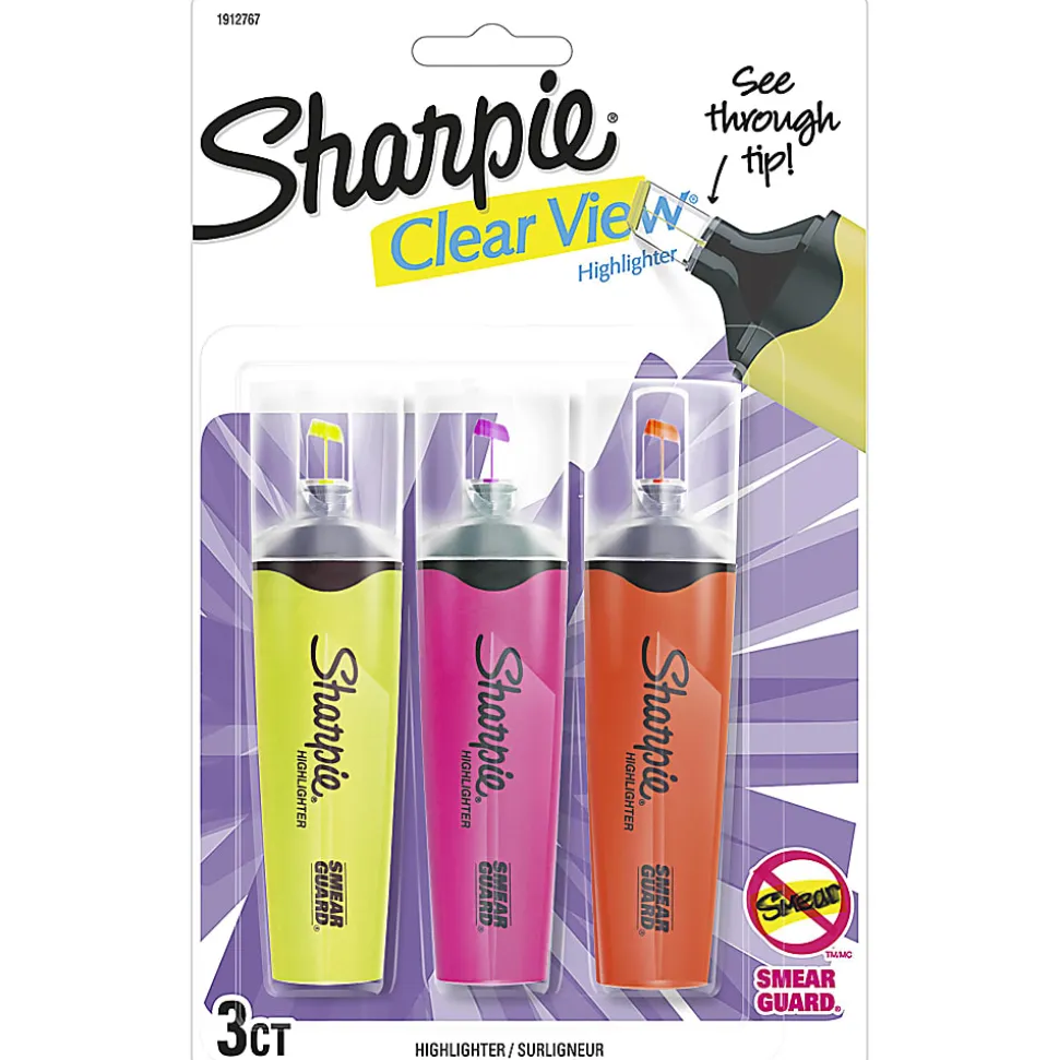 Sharpie Highlighter, Clear View Highlighter with See-Through Chisel Tip, Tank Highlighter, Assorted, 3 Count