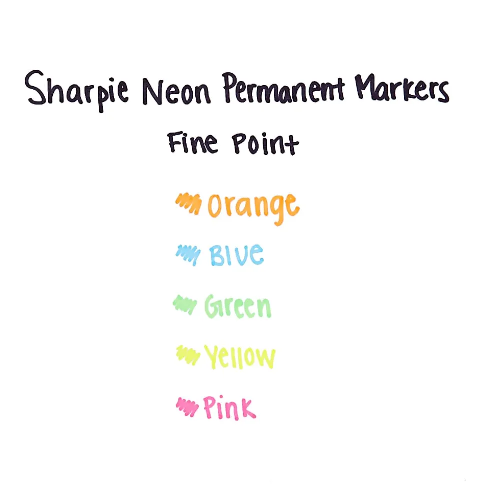 Sharpie® Neon Permanent Markers, Fine Point, Assorted Colors, Pack Of 5
