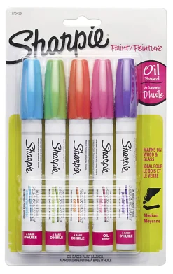 Sharpie® Oil-Based Paint Markers, Medium Point, White Barrel, Assorted Bright Colors, Pack Of 5 Markers