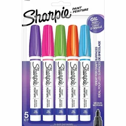 Sharpie® Oil-Based Paint Markers, Medium Point, White Barrel, Assorted Bright Colors, Pack Of 5 Markers