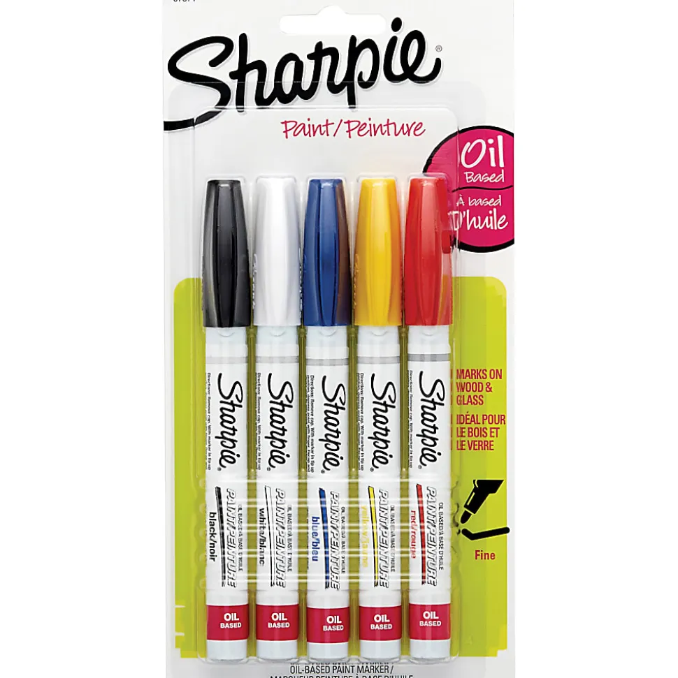 Sharpie® Oil-Based Paint Markers, Fine Point, White Barrels, Assorted Ink, Pack Of 5 Markers