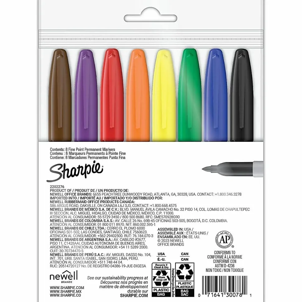 Sharpie® Permanent Fine-Point Markers, Assorted Colors, Pack Of 8 Markers