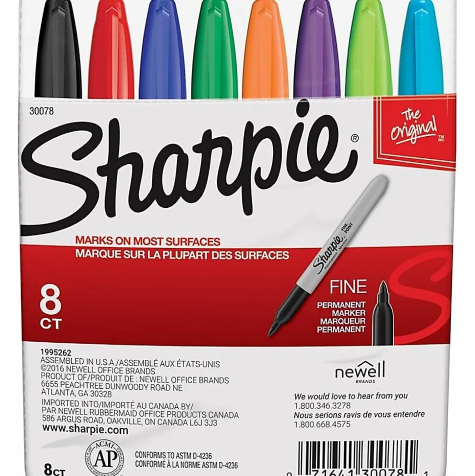 Sharpie® Permanent Fine-Point Markers, Assorted Colors, Pack Of 8 Markers