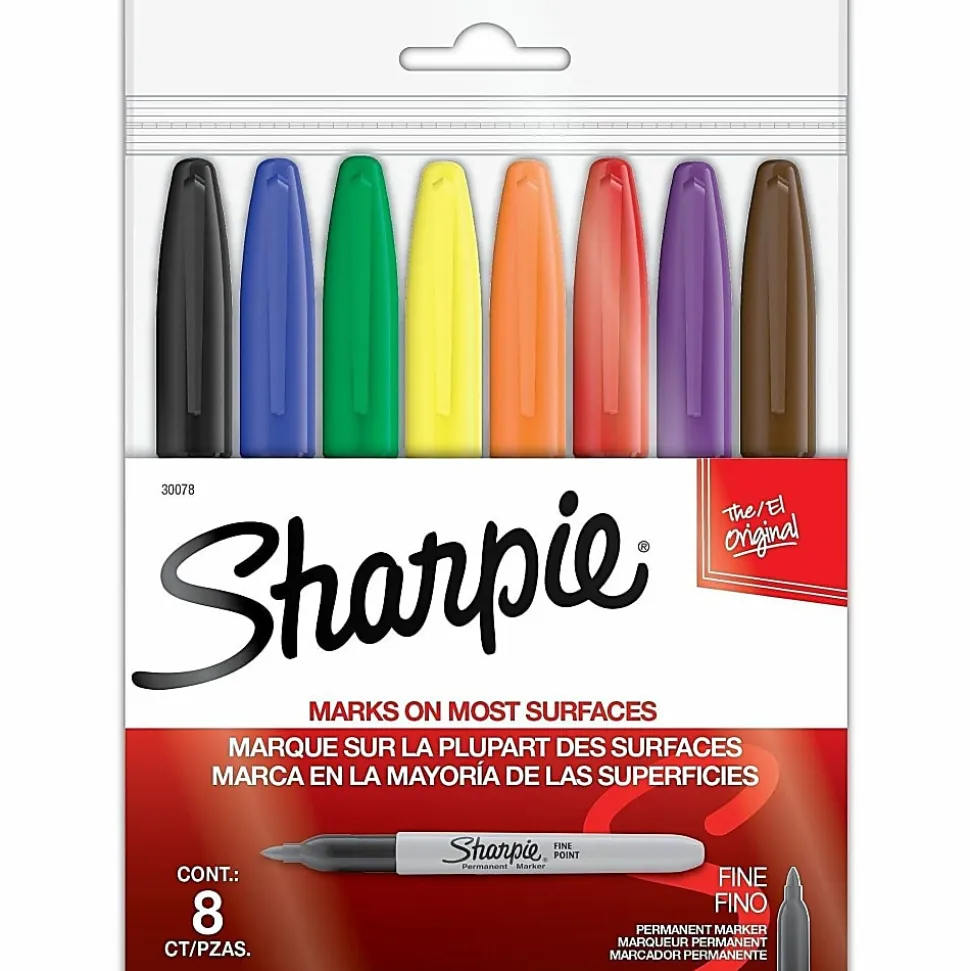 Sharpie® Permanent Fine-Point Markers, Assorted Colors, Pack Of 8 Markers