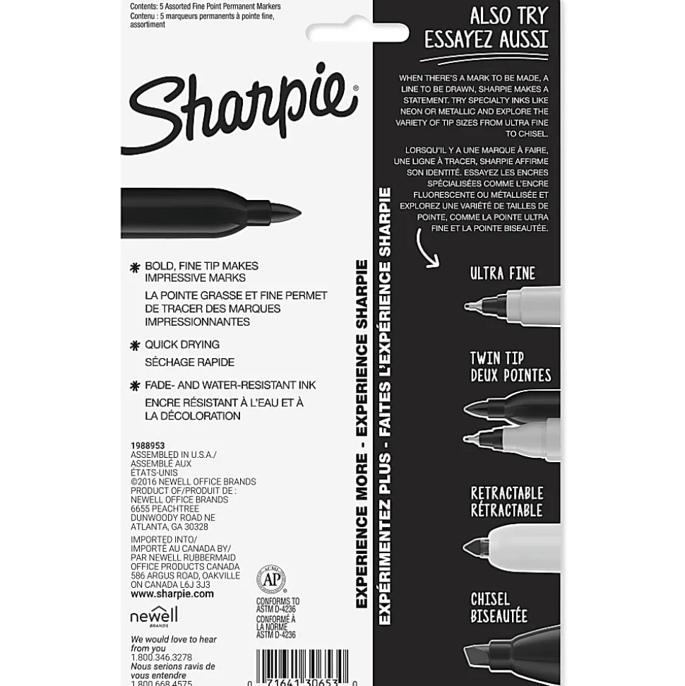 Sharpie® Permanent Fine-Point Markers, Assorted Colors, Pack Of 5 Markers