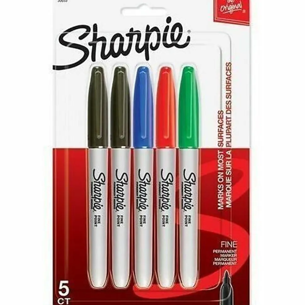 Sharpie® Permanent Fine-Point Markers, Assorted Colors, Pack Of 5 Markers