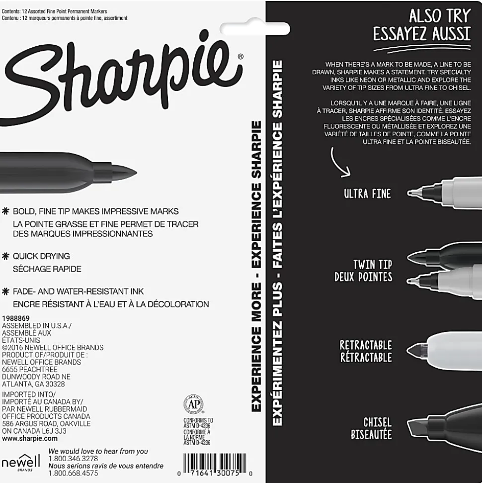 Sharpie® Permanent Fine-Point Markers, Assorted Colors, Pack Of 12 Markers