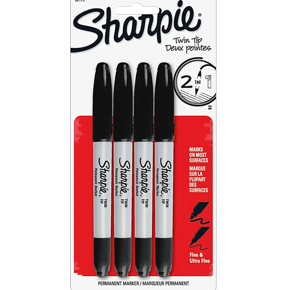 Sharpie Permanent Markers, Twin Tip, Fine/Ultra Fine Point,4/PK, Black
