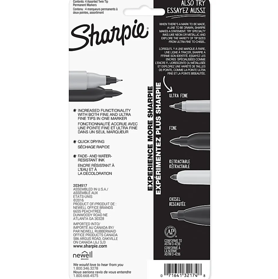 Sharpie Permanent Markers, Twin Tip, Fine/Ultra Fine Point,4/PK, Black