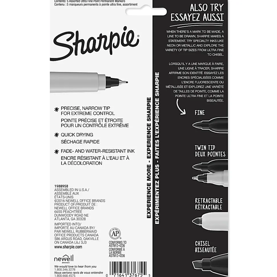 Sharpie® Permanent Ultra-Fine Point Markers, Assorted Colors, Pack Of 5 Markers