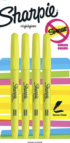 Sharpie® Pocket Highlighters, Chisel Tip, Yellow Barrel, Yellow Ink, Pack Of 4 Highlighters