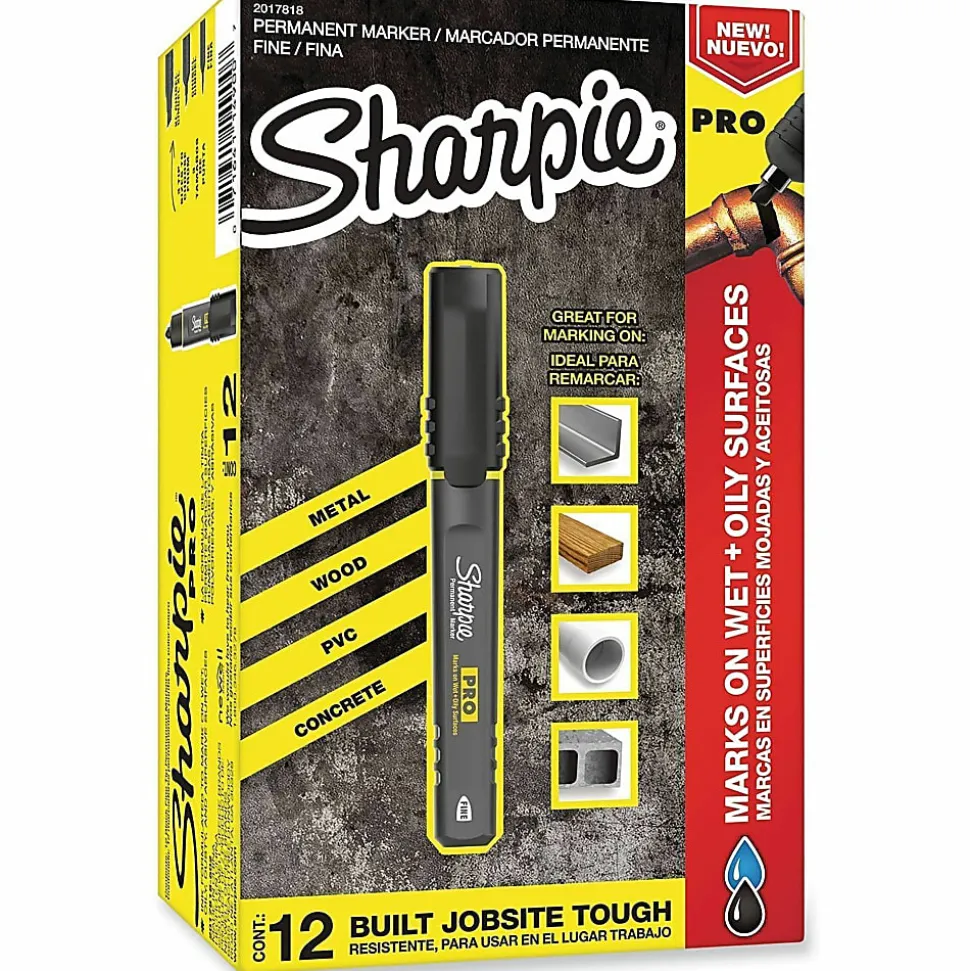 Sharpie® PRO Permanent Markers, Chisel Tip, Medium Point, Black/Gray Barrel, Black Ink, Pack Of 12 Markers