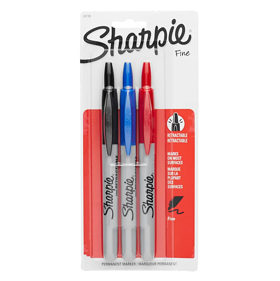 Sharpie® Retractable Permanent Markers, Fine Point, Assorted Colors, Pack Of 3 Markers